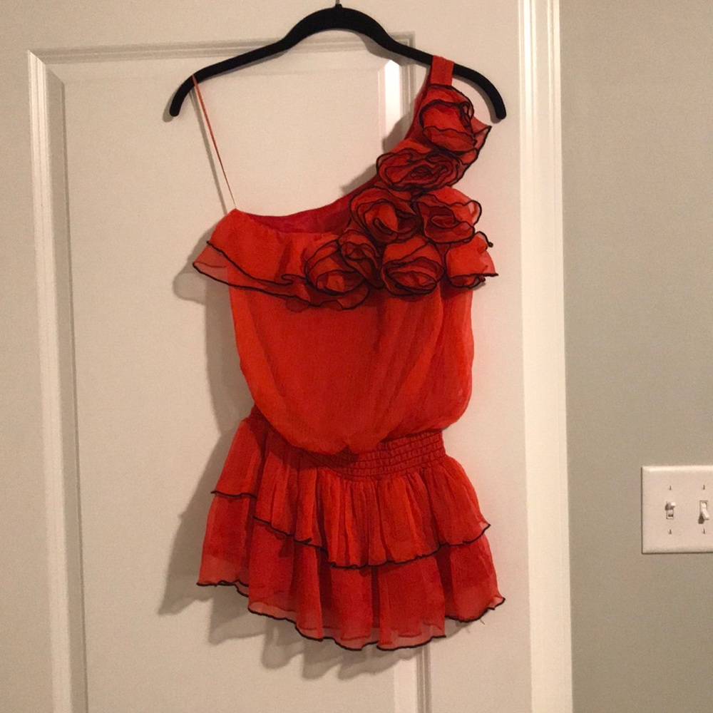 Red one shoulder top.
